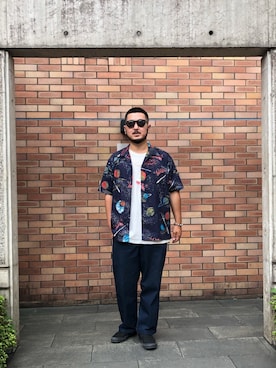 「schott（ショット）のSchott/ショット/HAWAIIAN SHIRT PLANET/ハワイアンシャツ プラネット（シャツ/ブラウス）」を使った、omata takayaさん（メンズ・172cm）の夏コーディネート