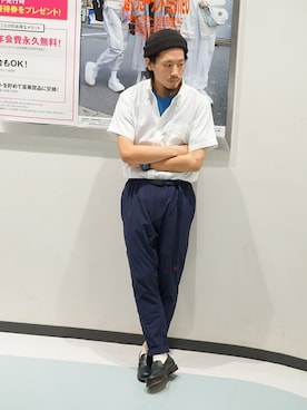 「アイテム（ローファー、ブルー系）」を使った、シバタさん（メンズ・168cm）の夏コーディネート