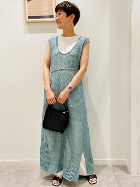 「green label relaxing（グリーンレーベルリラクシング）の◆FFC スクエア ベルト サンダル (5.5cmヒール)（サンダル、ブラック系）」を使った、erina.iさん（レディース・156cm）の夏コーディネート