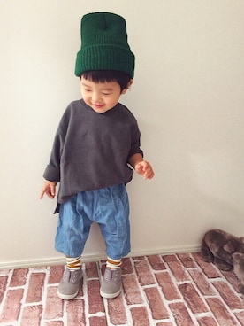 「ボーダーソックス」｜「アイテム（ニットキャップ/ビーニー）」を使った、KANTAさん（キッズ・80cm）の秋コーディネート