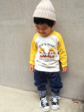 「1歳6ヶ月」｜「アイテム（ニットキャップ/ビーニー）」を使った、KANTAさん（キッズ・80cm）の秋コーディネート