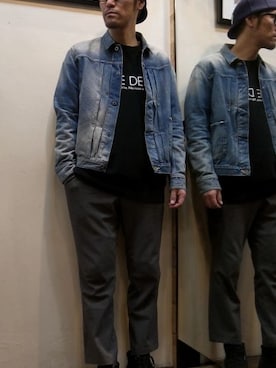 「フラワープリント」｜「アイテム（デニムジャケット）」を使った、gigileさん（メンズ・180cm）の冬コーディネート