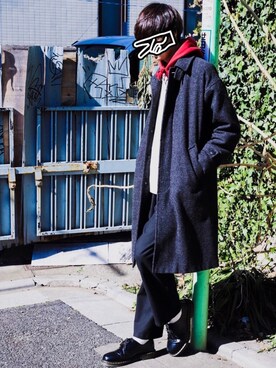 「tk.TAKEO KIKUCHI」｜「アイテム（ステンカラーコート）」を使った、あずまさん（メンズ・183cm）の冬コーディネート