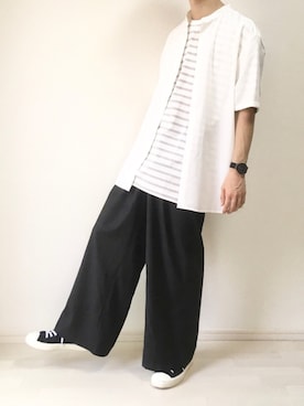 「ノーカラーシャツ」｜「アイテム（アナログ腕時計）」を使った、TAROさん（メンズ・174cm）の夏コーディネート