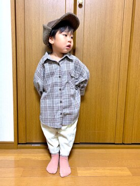 「コーデュロイキャップ」｜𝘴𝘺_𝘤𝘩𝘢𝘮さん（キッズ・90cm）の秋コーディネート