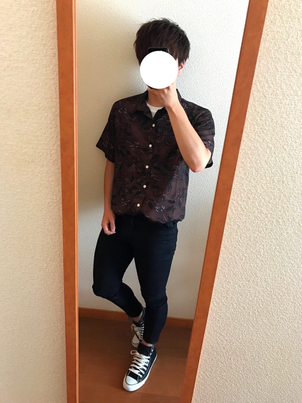 「古着、お洒落さんとつながりたい、夏、古着MIX、converse、オープンカラーシャツ、シンプル」｜「UP STARTのリーフ柄オープンカラーシャツ（シャツ/ブラウス、グリーン系）」を使った、Hirarenさん（メンズ・162cm）の夏コーディネートの1枚目の写真