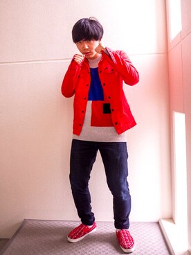 ニット セーターを使った 赤ジャケット のメンズ人気ファッションコーディネート Wear