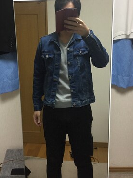 「SPINNS（スピンズ）のアイテム（デニムジャケット）」を使った、(￣▽￣)さん（メンズ・175cm）の冬コーディネート