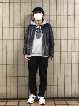 「no brand（ノーブランド）のアイテム（ライダースジャケット）」を使った、まっちゃんさん（メンズ・164cm）の冬コーディネート