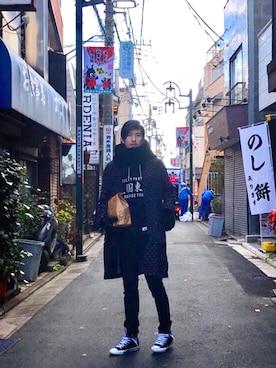 「WACKO MARIA（ワコマリア）のWACKO MARIA / 別注“天国東京” プルオーバー スウェットパーカー（パーカー、ブラック系）」を使った、KANさん（メンズ・180cm）の冬コーディネート