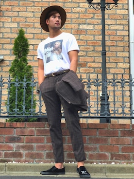 「H&M（エイチ・アンド・エム）のアイテム（テーラードジャケット、ブラウン系）」を使った、KANさん（メンズ・180cm）の秋コーディネート