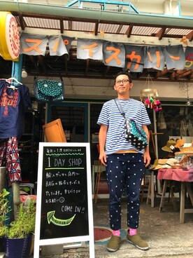 「LAKOLE（ラコレ）の【汗ジミ軽減】バスクボーダー半袖Tシャツ / LAKOLE（Tシャツ/カットソー、ブルー系）」を使った、スーさん（メンズ・175cm）の夏コーディネート