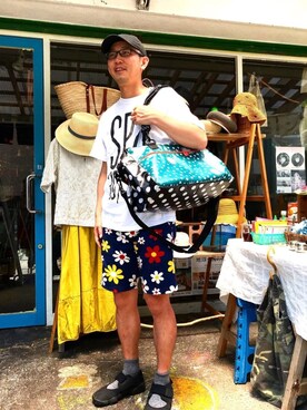 「newhattan（ニューハッタン）のアイテム（キャップ、ブラック系）」を使った、スーさん（メンズ・175cm）の夏コーディネート