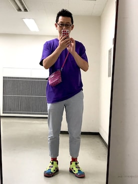 「Champion（チャンピオン）のアイテム（Tシャツ/カットソー、パープル系）」を使った、スーさん（メンズ・175cm）の夏コーディネート