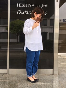 「ノーカラーシャツ」｜「アイテム（バレエシューズ）」を使った、kumapiさん（レディース・146cm）の春コーディネート