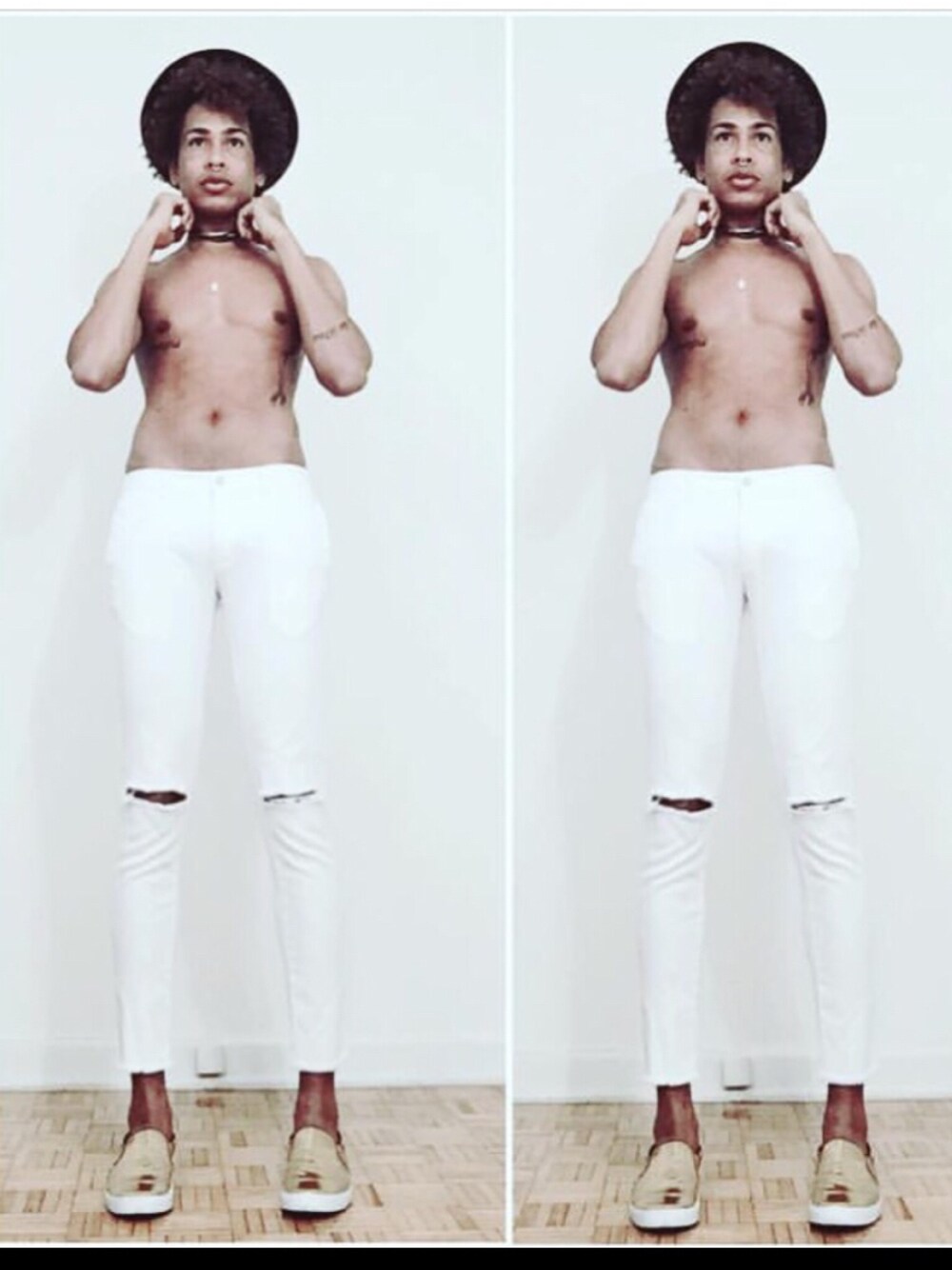 ホワイト系のその他パンツ、ゴールド系のスニーカー、ブラック系のハットを着用したメンズの冬コーディネートの1枚目の写真