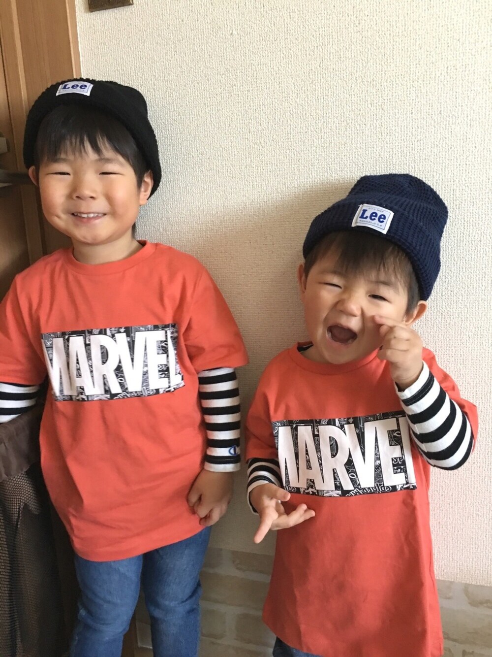 「kids、プチプラ、男の子、kidsfashion、男の子コーデ、GU、マーベルTシャツ、マーベル」｜「Leeの【LEE】ニットワッチ（ニットキャップ/ビーニー、ブラック系）」を使った、xoxoxo...さん（キッズ・100cm）の春コーディネートの1枚目の写真
