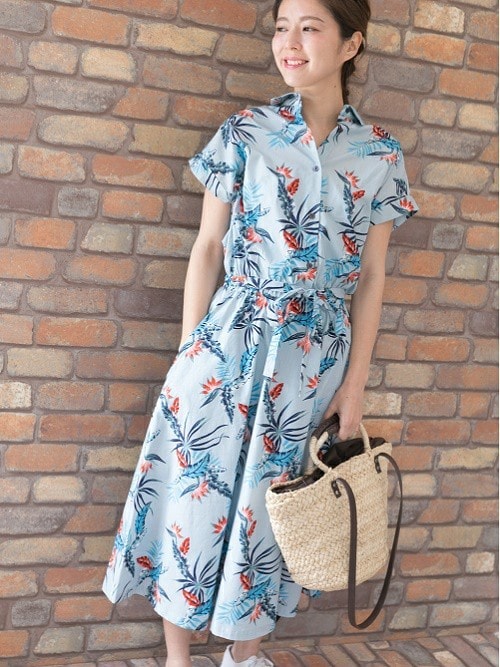 セール】フレンチスリーブアロハシャツワンピース（シャツワンピース
