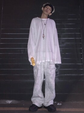 「no brand（ノーブランド）のアイテム（Tシャツ/カットソー、ホワイト系）」を使った、GigaLiuさん（メンズ・173cm）の秋コーディネート