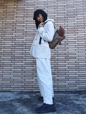 「Oribagu（オリバグ）のORIBAGU折り紙バッグ＿バックパック＿ブラウンベア（バックパック/リュック、ブラウン系）」を使った、GigaLiuさん（メンズ・173cm）の秋コーディネート