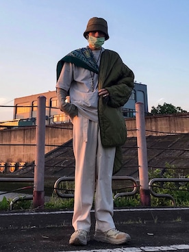 「STYLENANDA（スタイルナンダ）のアイテム（ハット、グリーン系）」を使った、GigaLiuさん（メンズ・173cm）の春コーディネート