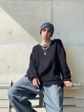 「INHERIT（インヘリット）のアイテム（カーディガン/ボレロ、ブラック系）」を使った、GigaLiuさん（メンズ・173cm）の秋コーディネート