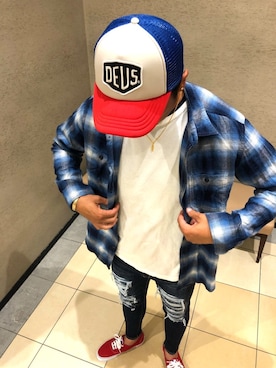 「フランネルシャツ」｜「アイテム（キャップ）」を使った、🌟bull-otto🌟さん（メンズ・183cm）の秋コーディネート