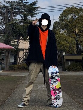 「スケボー」｜「アイテム（ブルゾン）」を使った、爪楊枝さん（メンズ・180cm）の冬コーディネート