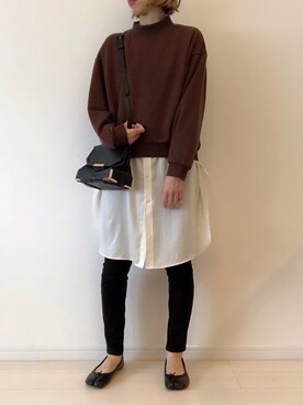 「GU（ジーユー）のアイテム（スウェット、ブラウン系）」を使った、ゆきさん（レディース・163cm）の冬コーディネート