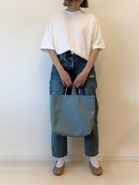 「UNIQLO（ユニクロ）のエアリズムコットンオーバーサイズTシャツ（5分袖）（Tシャツ/カットソー、ホワイト系）」を使った、ゆきさん（レディース・163cm）の春コーディネート