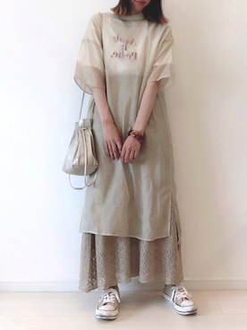 「CIAOPANIC TYPY（チャオパニックティピー）のワンピース付シアーボイルTeeワンピース（ワンピース、ベージュ系）」を使った、ゆきさん（レディース・163cm）の夏コーディネート
