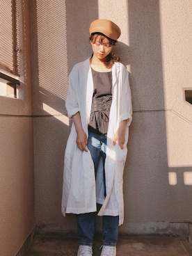 「ハイウエストストレートジーンズ」｜「アイテム（キャスケット）」を使った、みきてぃさん（レディース・155cm）の春コーディネート