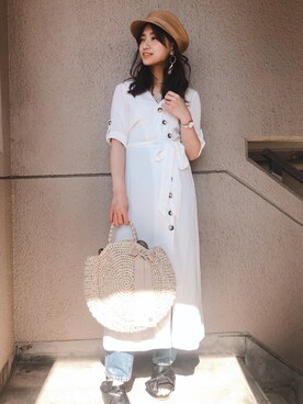 「cache cache（カシュ カシュ）のアイテム（かごバッグ）」を使った、みきてぃさん（レディース・155cm）の夏コーディネート
