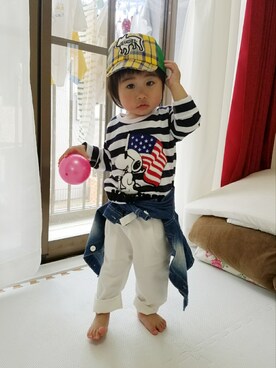 「BOBSON（ボブソン）のアイテム（デニムジャケット）」を使った、こうちゃんさん（キッズ・80cm）の春コーディネート