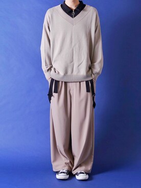 「CASPER JOHN（キャスパージョン）のOversize Tilden Knit/オーバーサイズチルデンニット（ニット/セーター、ベージュ系）」を使った、みぎたさん（メンズ・178cm）の春コーディネート