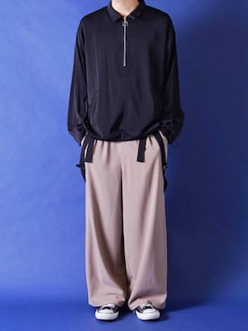 「CASPER JOHN（キャスパージョン）のHalf-Zip Balloon Long T-Shirts/ハーフジップバルーンロンT（シャツ/ブラウス、ブラック系）」を使った、みぎたさん（メンズ・178cm）の春コーディネート