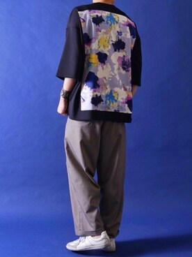 「CASPER JOHN（キャスパージョン）のBack Art Big T-shirts/バックアートビッグT（Tシャツ/カットソー、ブラック系）」を使った、みぎたさん（メンズ・178cm）の春コーディネート
