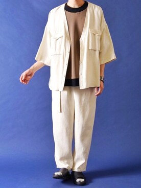 「CASPER JOHN（キャスパージョン）のDrape Tapered Belt Pants/ドレープテーパードベルトパンツ(セットアップ対応)（その他パンツ、ブラック系）」を使った、みぎたさん（メンズ・178cm）の春コーディネート