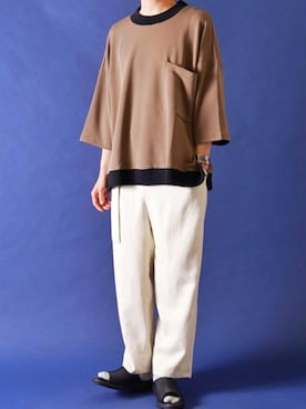 「CASPER JOHN（キャスパージョン）のDrape Tapered Belt Pants/ドレープテーパードベルトパンツ（その他パンツ、ブルー系）」を使った、みぎたさん（メンズ・178cm）の春コーディネート