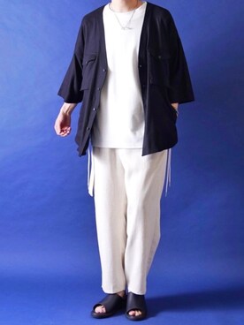 「CASPER JOHN（キャスパージョン）のSide Lace Mockneck Big T-shirts/サイドレースモックネックビッグT（Tシャツ/カットソー、ホワイト系）」を使った、みぎたさん（メンズ・178cm）の春コーディネート