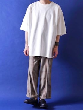 「CASPER JOHN（キャスパージョン）のMiddle Length Heavy Weight Big T-shirts/ミドルレングスヘビーウェイトビッグT（Tシャツ/カットソー、ホワイト系）」を使った、みぎたさん（メンズ・178cm）の春コーディネート