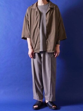 「CASPER JOHN（キャスパージョン）のVarious Dolman Shirts/バリアスドルマンシャツ（シャツ/ブラウス、ブラウン系）」を使った、みぎたさん（メンズ・178cm）の春コーディネート