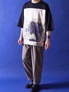 「CASPER JOHN（キャスパージョン）のFlash Graphic Big T-shirts/フラッシュグラフィックビッグT（Tシャツ/カットソー、ブラック系）」を使った、みぎたさん（メンズ・178cm）の春コーディネート