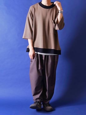 「CASPER JOHN（キャスパージョン）のBallon Big T-shirts/バルーンビッグTシャツ（Tシャツ/カットソー、ブラウン系）」を使った、みぎたさん（メンズ・178cm）の春コーディネート