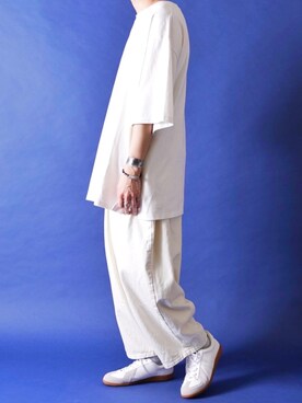 「CASPER JOHN（キャスパージョン）のMiddle Length Heavy Weight Big T-shirts/ミドルレングスヘビーウェイトビッグT（Tシャツ/カットソー、ホワイト系）」を使った、みぎたさん（メンズ・178cm）の春コーディネート
