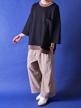 「CASPER JOHN（キャスパージョン）のBallon Big T-shirts/バルーンビッグTシャツ（Tシャツ/カットソー、ブラック系）」を使った、みぎたさん（メンズ・178cm）の春コーディネート