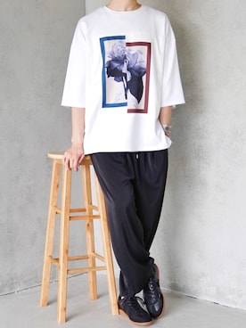 「CASPER JOHN（キャスパージョン）のSlit Flower Big T-shirts/スリットフラワービッグT（Tシャツ/カットソー、ホワイト系）」を使った、みぎたさん（メンズ・178cm）の春コーディネート