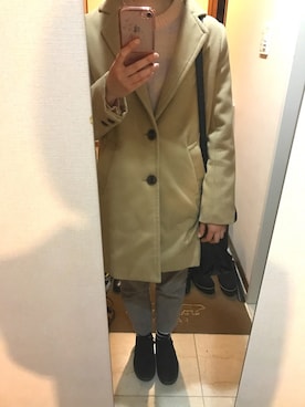 「ボーダーソックス」｜「アイテム（チェスターコート）」を使った、yuuu＊さん（レディース・157cm）の冬コーディネート