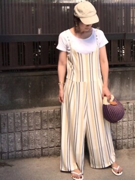 「AZUL by moussy（アズールバイマウジー）のアイテム（オールインワン・サロペット）」を使った、hitoponさん（レディース・160cm）の夏コーディネート