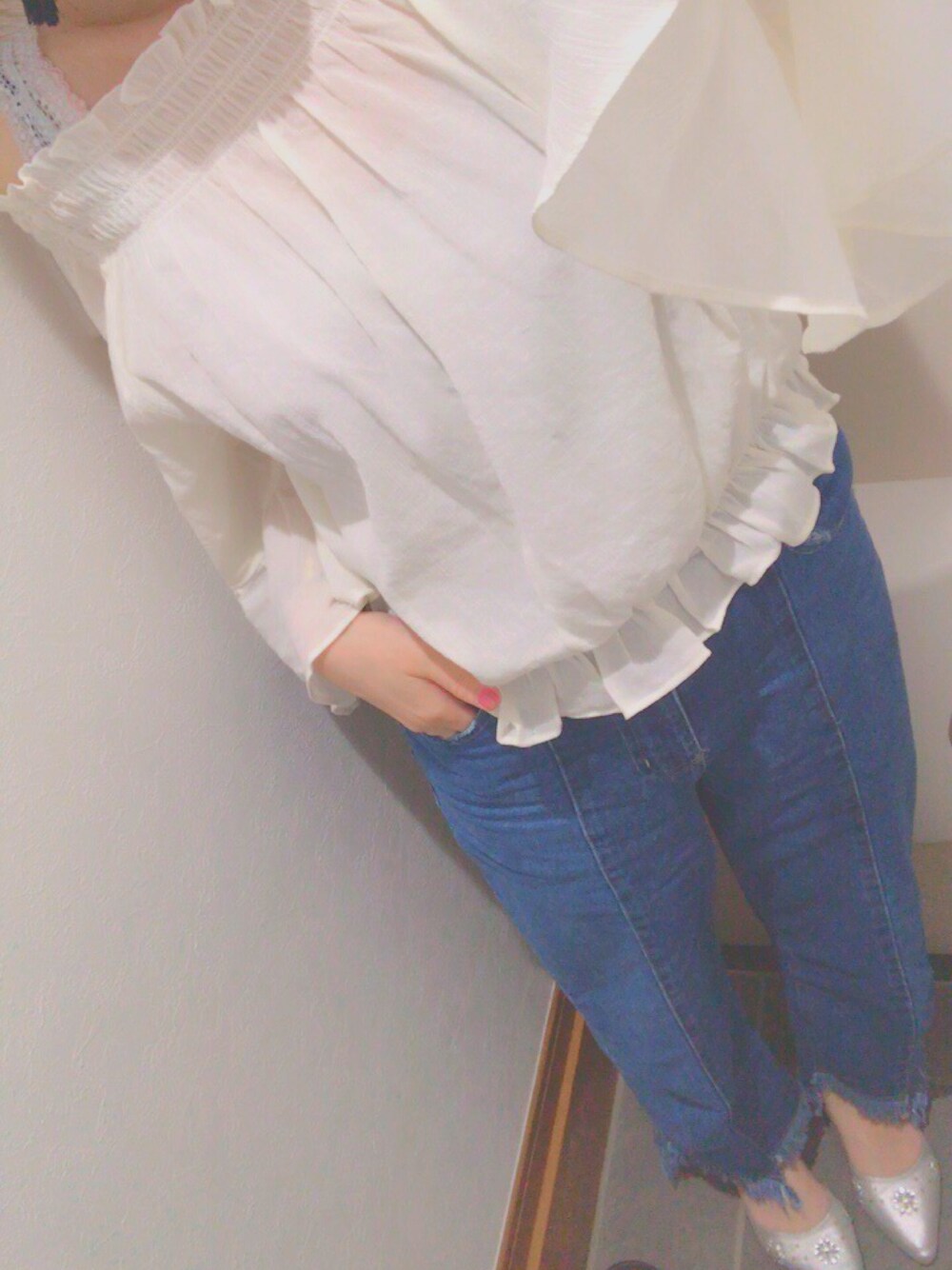 「プチプラ、プチプラコーデ、coordinate、ootd、ブラウス、オフショル、code」｜「WEGOの◆WEGO/フレアオフショルブラウス（シャツ/ブラウス、ホワイト系）」を使った、coco.  さん（レディース・162cm）の夏コーディネートの1枚目の写真
